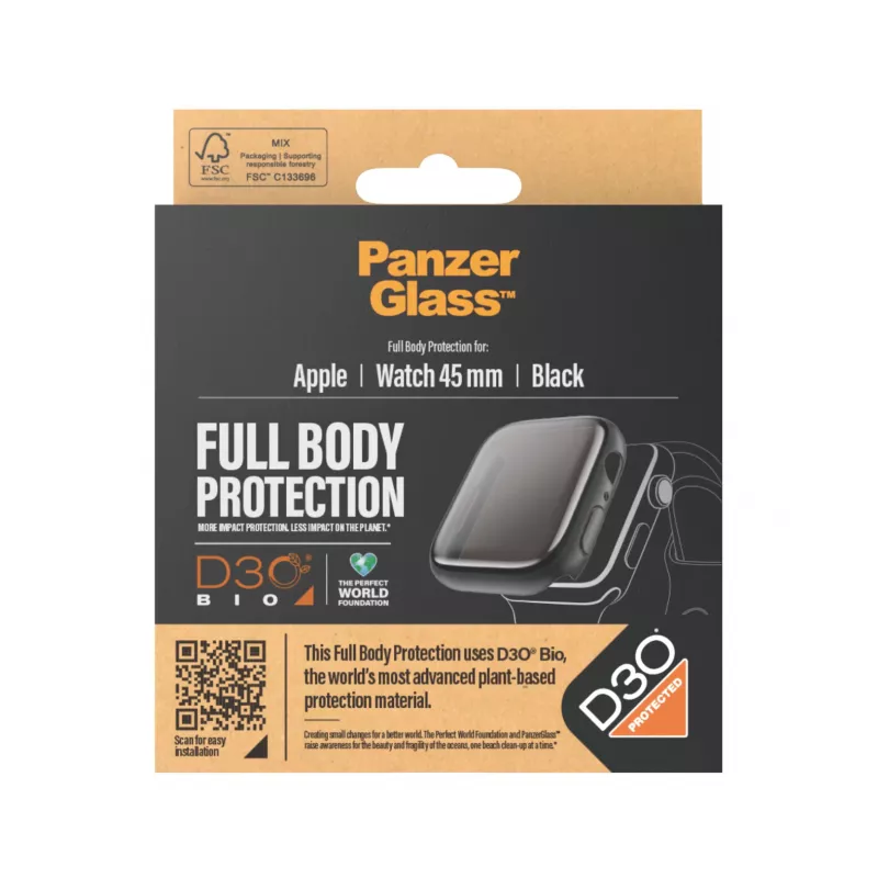 PanzerGlass ekrāna aizsargs visa korpusa Apple Watch Series 9 D3O 45mm melns