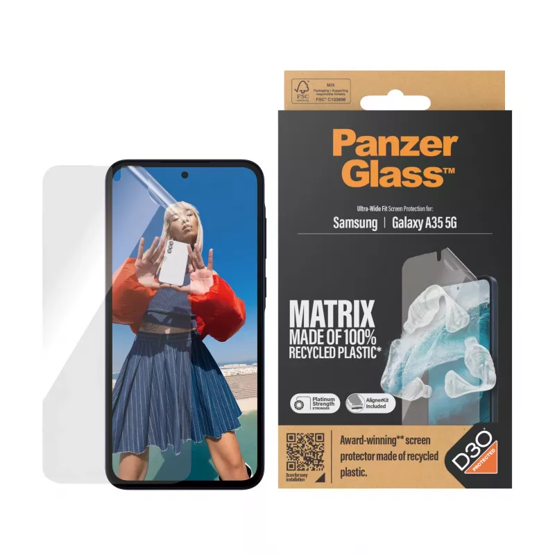 Ekrāna aizsargs PanzerGlass MATRIX ar D3O Samsung Galaxy A35 5G — īpaši plats PET, sausā uzstādīšana, 1 gab., caurspīdīgs