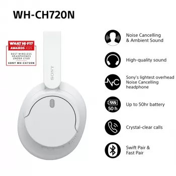 Sony WH-CH720 austiņas ar vadu un bezvadu savienojumu, galvas stīpa, zvani/mūzika, USB Type-C, Bluetooth, balts