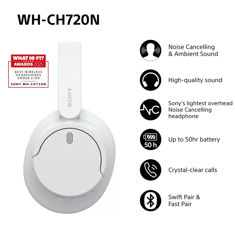 Sony WH-CH720 austiņas ar vadu un bezvadu savienojumu, galvas stīpa, zvani/mūzika, USB Type-C, Bluetooth, balts