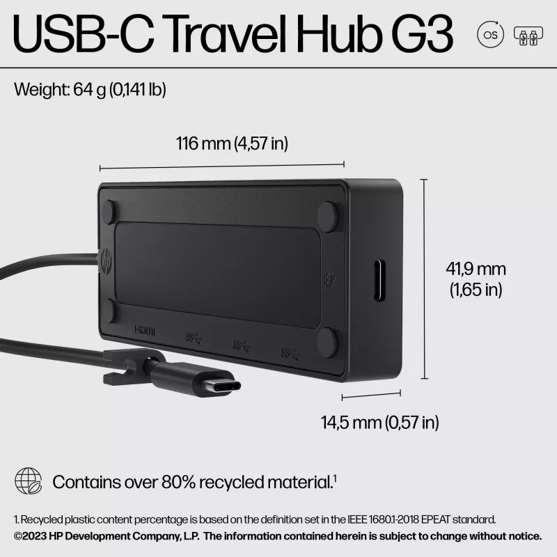 USB-C Travel Hub G3 — HP, USB 3.2 Gen 2 Type-C resursdators, HDMI, USB-A, strāvas padeve līdz 65 W, 116×41.9×14.5 mm