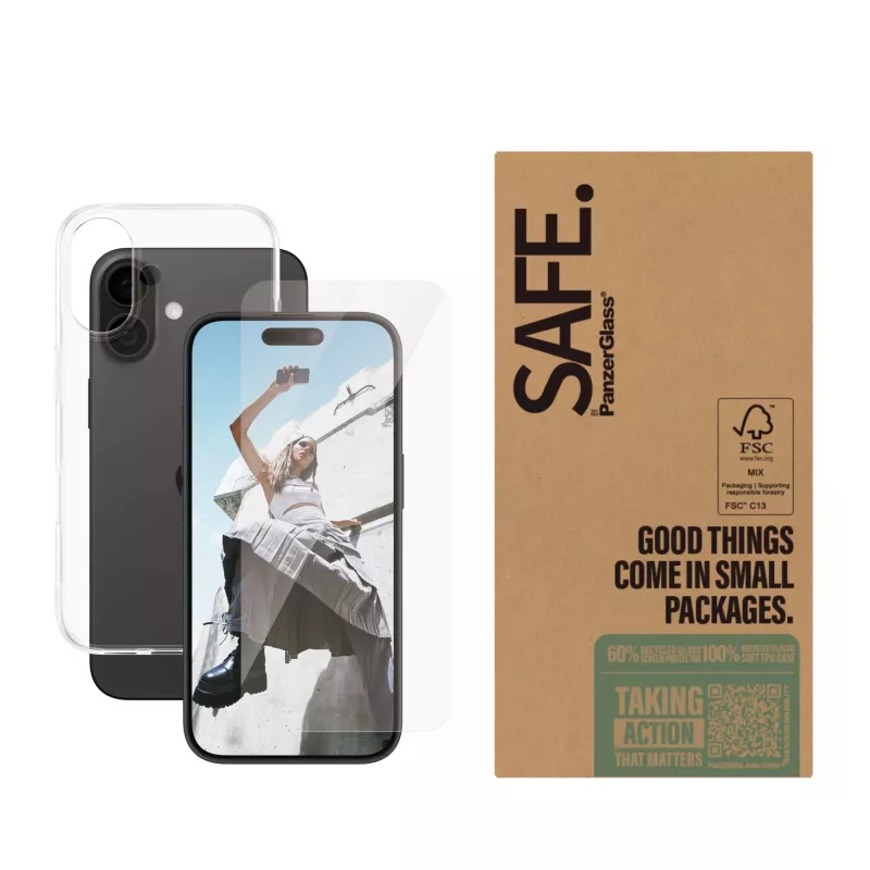 Caurspīdīgs ekrāna aizsargu komplekts PanzerGlass SAFE. by ® iPhone 16 — rūdīts stikls + PET + silikons, caurspīdīgs, 50 gab.