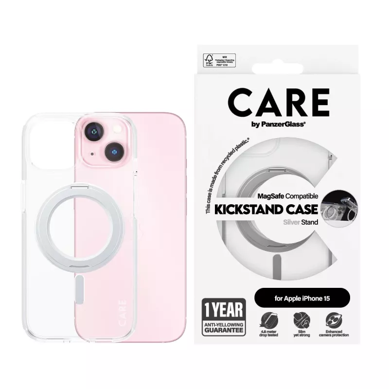 PanzerGlass CARE™ by ® vāciņš Transparent w. Silver Kickstand & MagSafe iPhone 15
