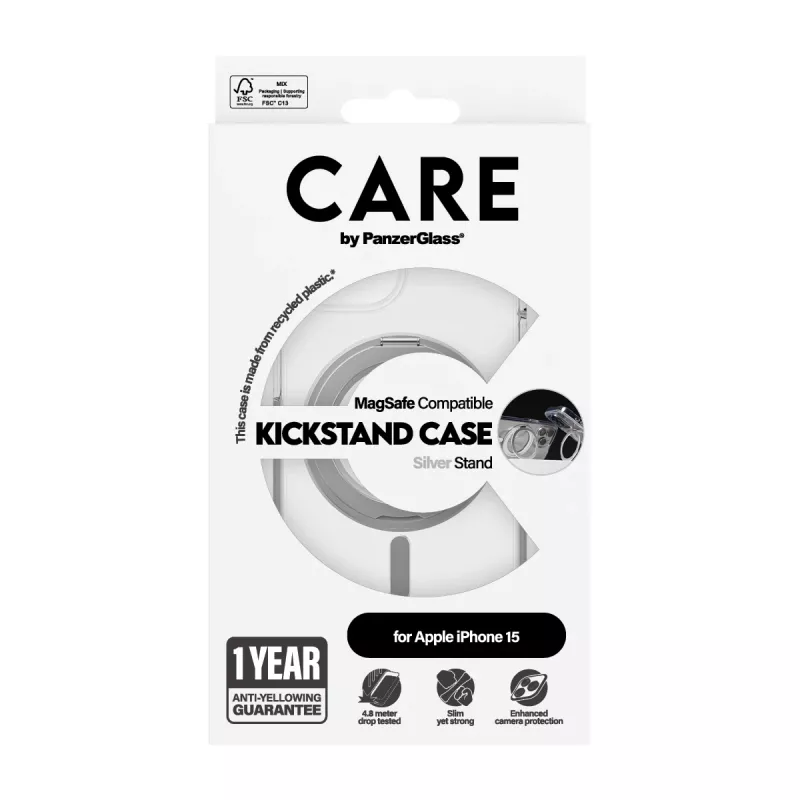 PanzerGlass CARE™ by ® vāciņš Transparent w. Silver Kickstand & MagSafe iPhone 15