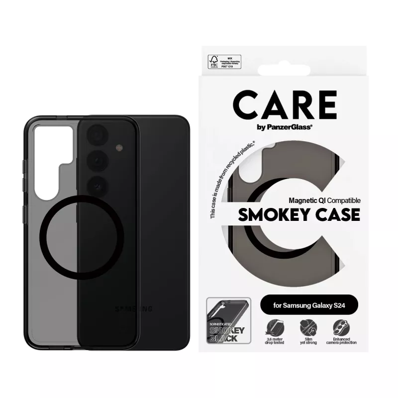 PanzerGlass CARE™ by ® Urban Combat Case Smokey w. Melns Qi Saderīga Samsung Galaxy S24