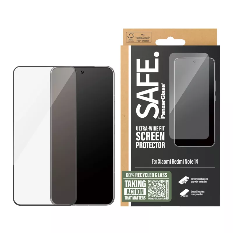 PanzerGlass SAFE. by ® ekrāna aizsargs ar melnu rāmi Xiaomi Redmi Note 14 | Īpaši plata piemērotība