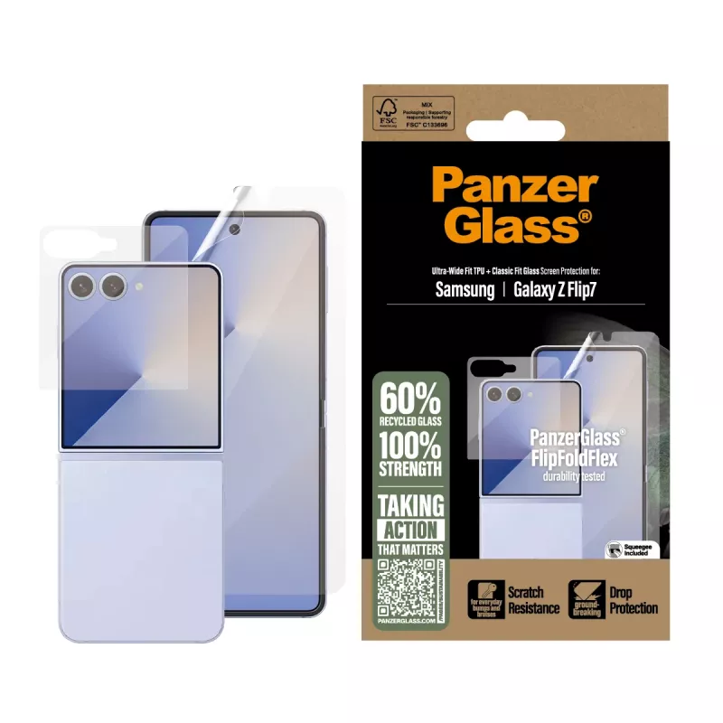 PanzerGlass Protective Set FlipFoldFlex 2-in-1 Classic Fit stikls + īpaši plata TPU plēve Samsung