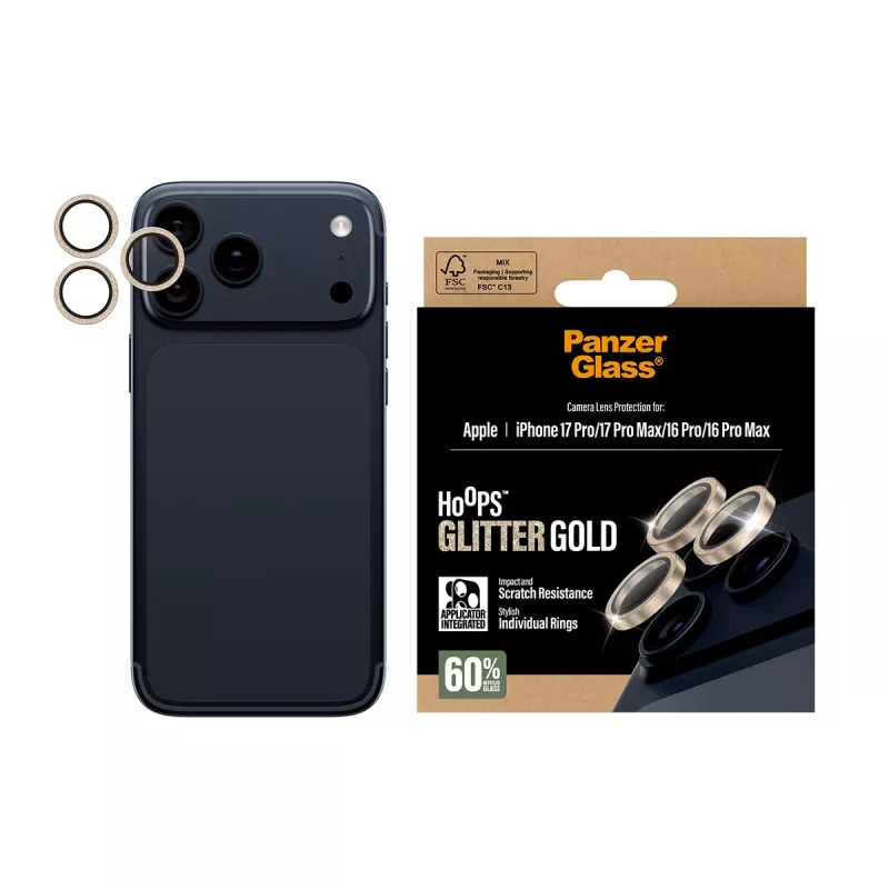 PanzerGlass® Hoops® Kameras objektīva aizsargs Glitter Gold iPhone 17 Pro | iPhone 17 Pro Max | iPhone 16 Pro | 16 Pro Max