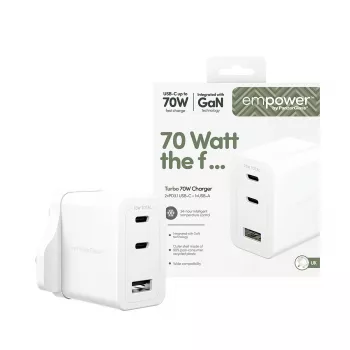 PanzerGlass empower™ by ® Turbo 70W Multiple Charger incl. 2 x USB-C + USB-A | UK Plug | Silver balta