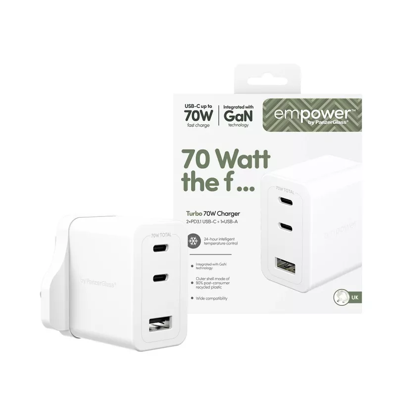 PanzerGlass empower™ by ® Turbo 70W Multiple Charger incl. 2 x USB-C + USB-A | UK Plug | Silver balta