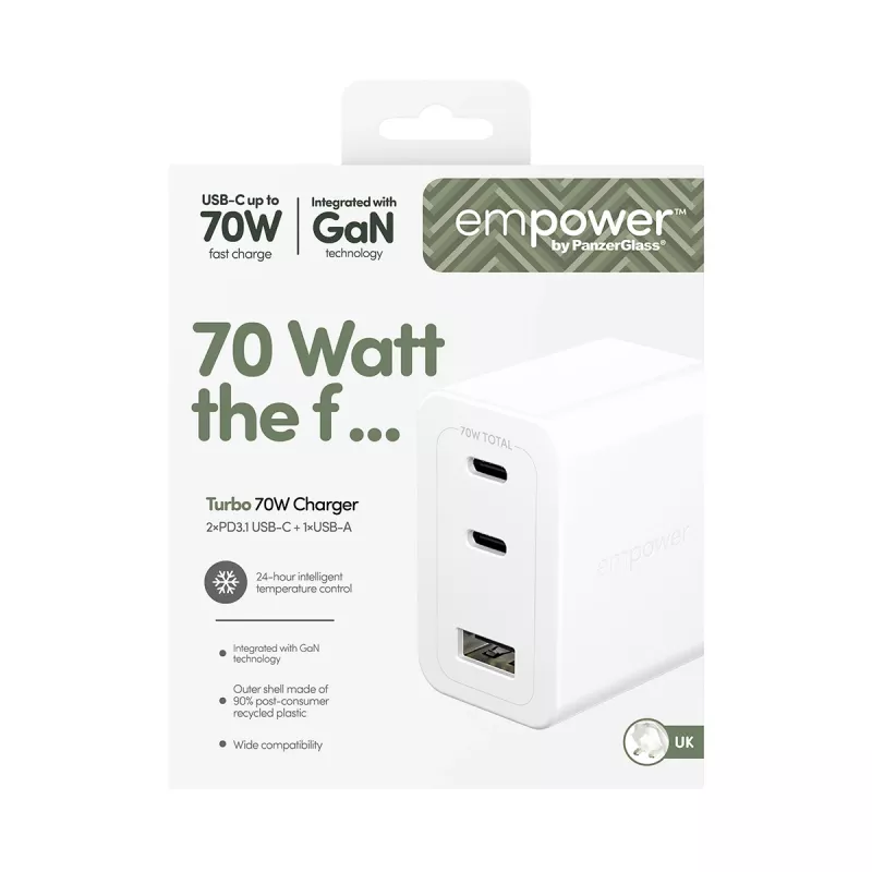 PanzerGlass empower™ by ® Turbo 70W Multiple Charger incl. 2 x USB-C + USB-A | UK Plug | Silver balta