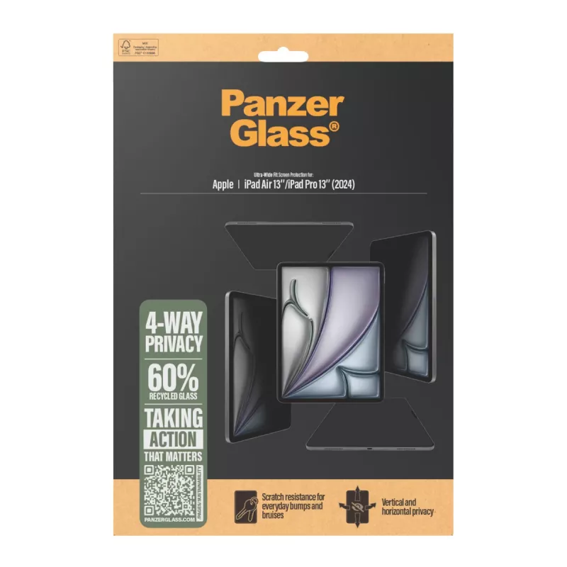 PanzerGlass ® 4 virzienu privātuma ekrāna aizsargs iPad Air 13 collas (2024-2025) | iPad 13 collas Pro (2024-2025) | Īpaši plata pielāgošanās