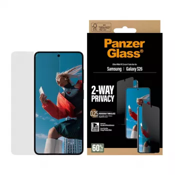 PanzerGlass 2 virzienu privātuma ekrāna aizsargs Samsung Galaxy S26 — īpaši plats pārklājums, PET + silikons, izturīgs pret skrāpējumiem un triecieniem