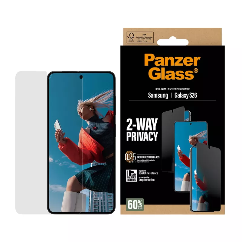 PanzerGlass 2 virzienu privātuma ekrāna aizsargs Samsung Galaxy S26 — īpaši plats pārklājums, PET + silikons, izturīgs pret skrāpējumiem un triecieniem