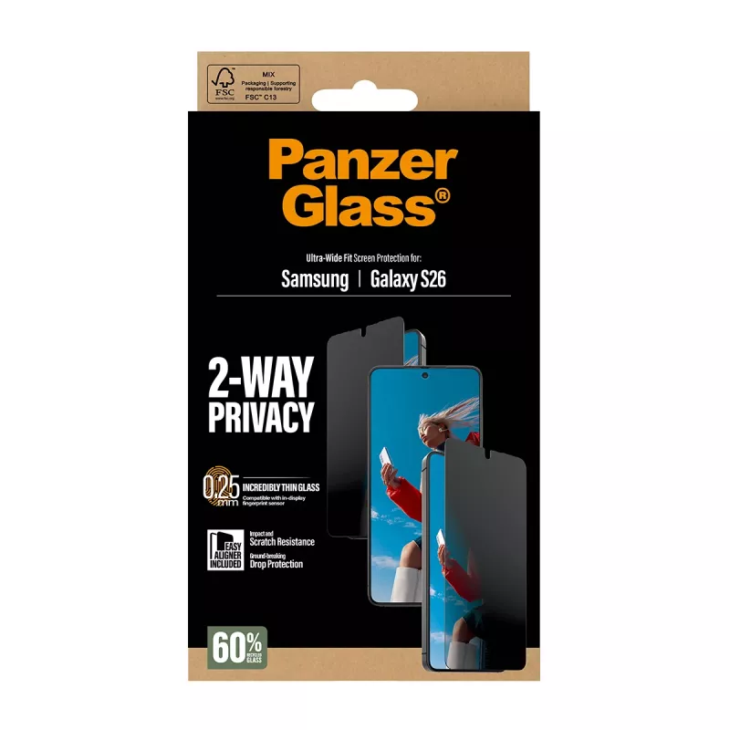 PanzerGlass 2 virzienu privātuma ekrāna aizsargs Samsung Galaxy S26 — īpaši plats pārklājums, PET + silikons, izturīgs pret skrāpējumiem un triecieniem