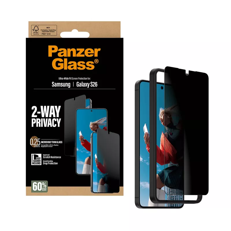 PanzerGlass 2 virzienu privātuma ekrāna aizsargs Samsung Galaxy S26 — īpaši plats pārklājums, PET + silikons, izturīgs pret skrāpējumiem un triecieniem
