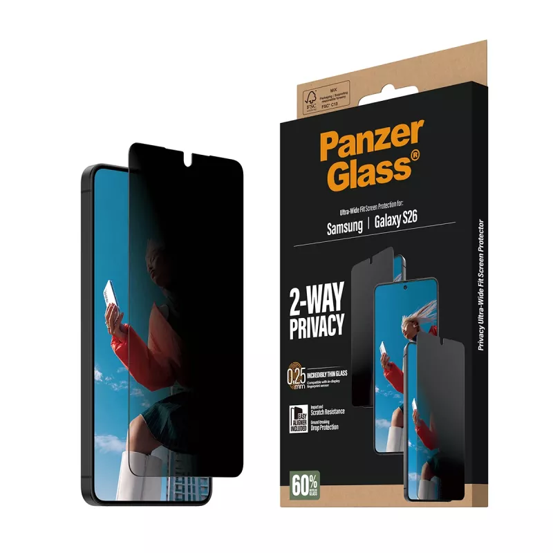PanzerGlass 2 virzienu privātuma ekrāna aizsargs Samsung Galaxy S26 — īpaši plats pārklājums, PET + silikons, izturīgs pret skrāpējumiem un triecieniem