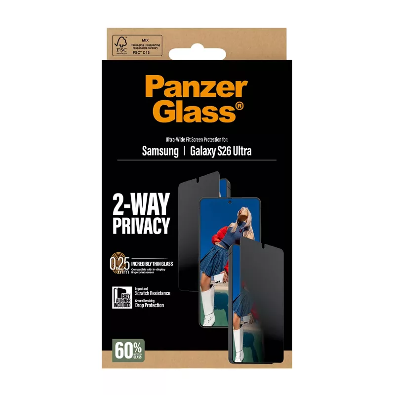 Ekrāna aizsargs PanzerGlass 2-Way Privacy Samsung Galaxy S26 Ultra — PET privātuma filtrs, EasyAligner, 1 gab.