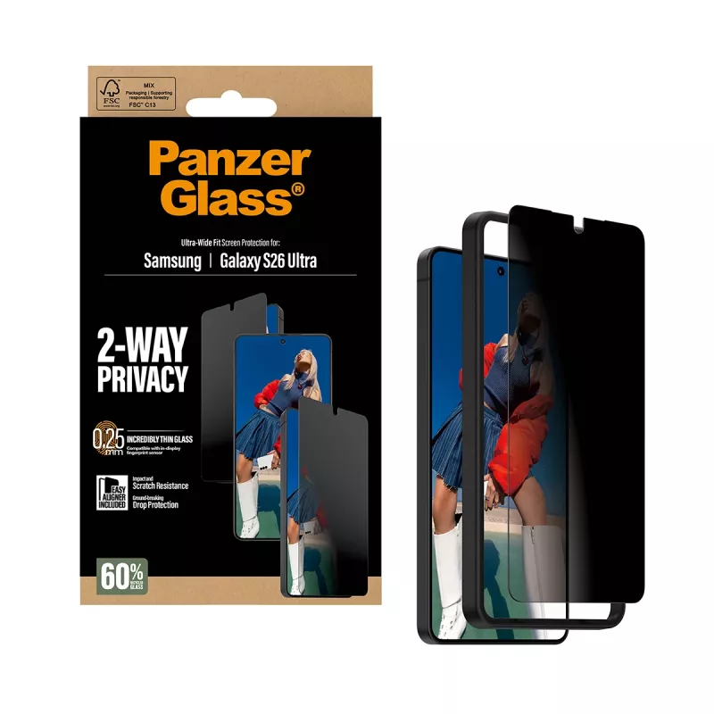 Ekrāna aizsargs PanzerGlass 2-Way Privacy Samsung Galaxy S26 Ultra — PET privātuma filtrs, EasyAligner, 1 gab.