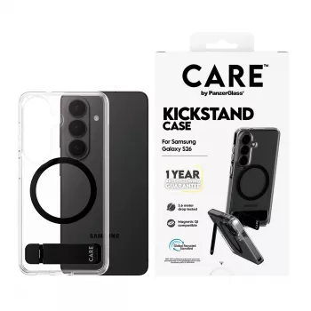 Aizsargapvalks PanzerGlass CARE™ Urban Explorer vāciņš Samsung Galaxy S26, caurspīdīgs ar melnu pamatbalstu un Qi atbalstu