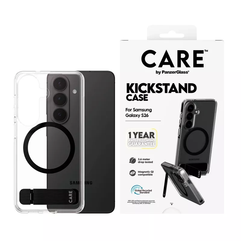 Aizsargapvalks PanzerGlass CARE™ Urban Explorer vāciņš Samsung Galaxy S26, caurspīdīgs ar melnu pamatbalstu un Qi atbalstu
