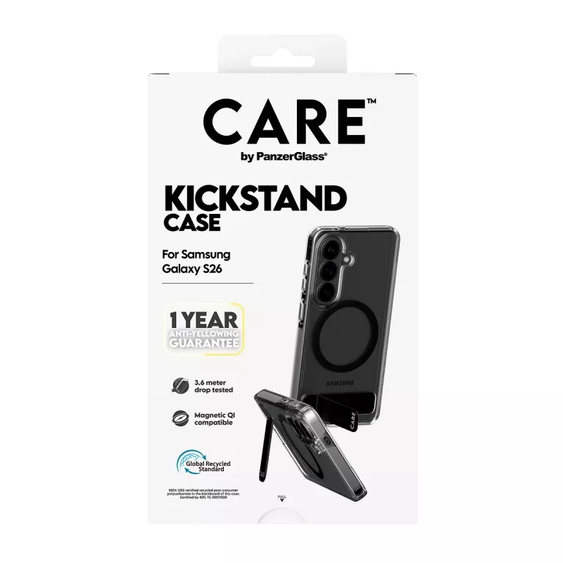Aizsargapvalks PanzerGlass CARE™ Urban Explorer vāciņš Samsung Galaxy S26, caurspīdīgs ar melnu pamatbalstu un Qi atbalstu