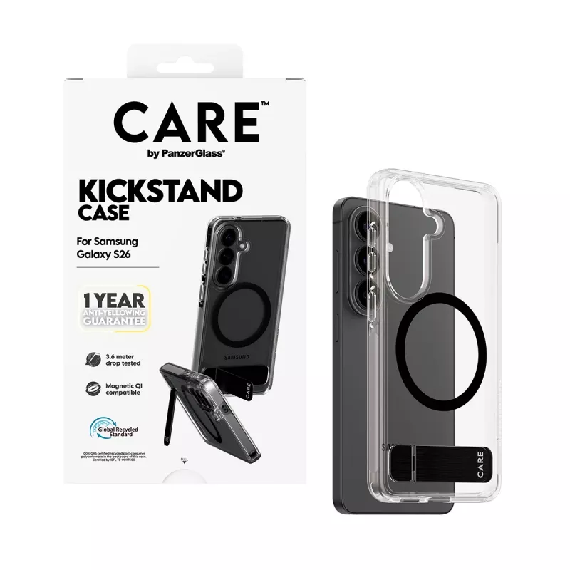 Aizsargapvalks PanzerGlass CARE™ Urban Explorer vāciņš Samsung Galaxy S26, caurspīdīgs ar melnu pamatbalstu un Qi atbalstu