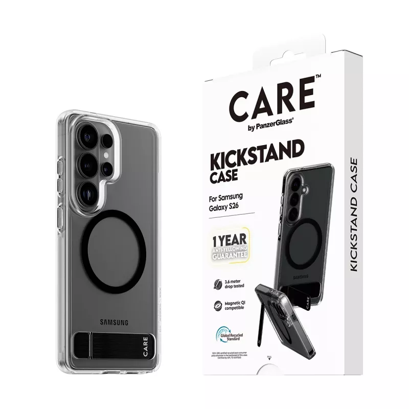 Aizsargapvalks PanzerGlass CARE™ Urban Explorer vāciņš Samsung Galaxy S26, caurspīdīgs ar melnu pamatbalstu un Qi atbalstu