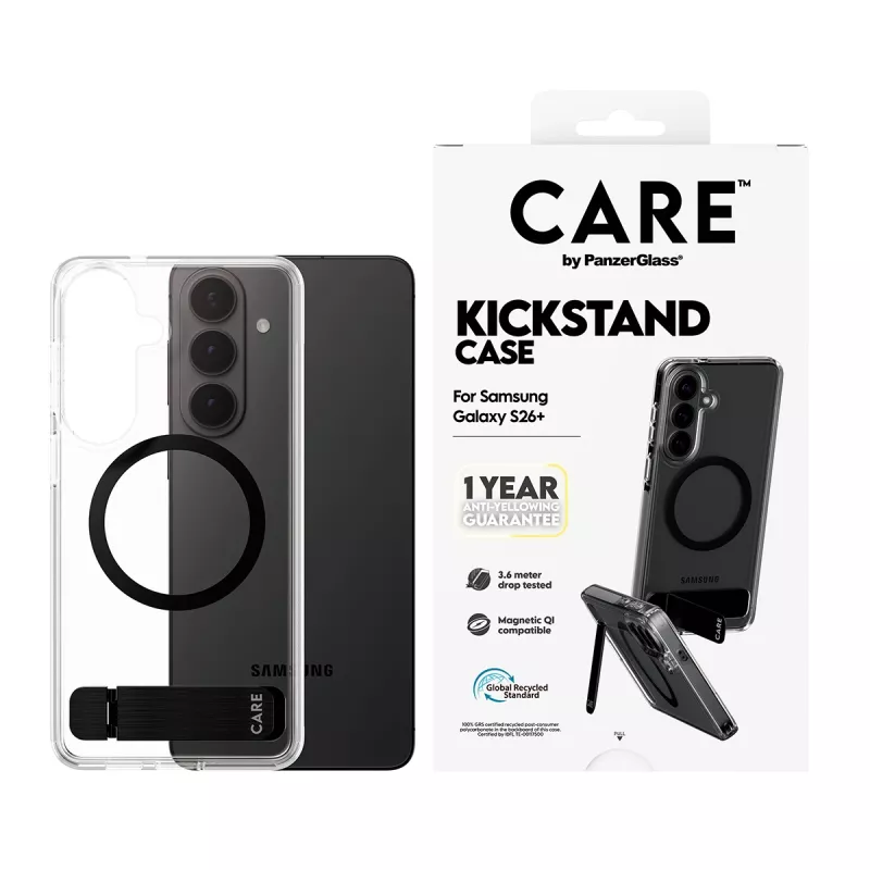 PanzerGlass CARE™ by ® vāciņš Transparent w. Melns Kickstand & Qi Samsung Galaxy S26+
