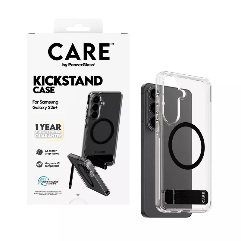 PanzerGlass CARE™ by ® vāciņš Transparent w. Melns Kickstand & Qi Samsung Galaxy S26+