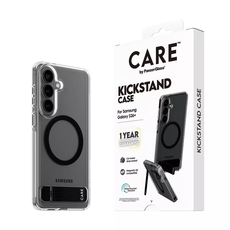 PanzerGlass CARE™ by ® vāciņš Transparent w. Melns Kickstand & Qi Samsung Galaxy S26+