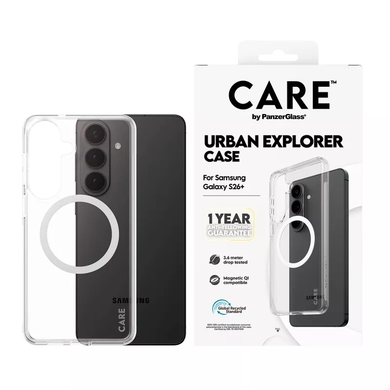 Aizsargapvalks PanzerGlass CARE Urban Explorer vāciņš Samsung Galaxy S26+ — caurspīdīgs, balts Qi saderīgs