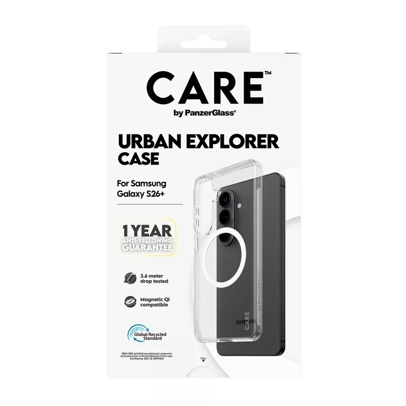 Aizsargapvalks PanzerGlass CARE Urban Explorer vāciņš Samsung Galaxy S26+ — caurspīdīgs, balts Qi saderīgs