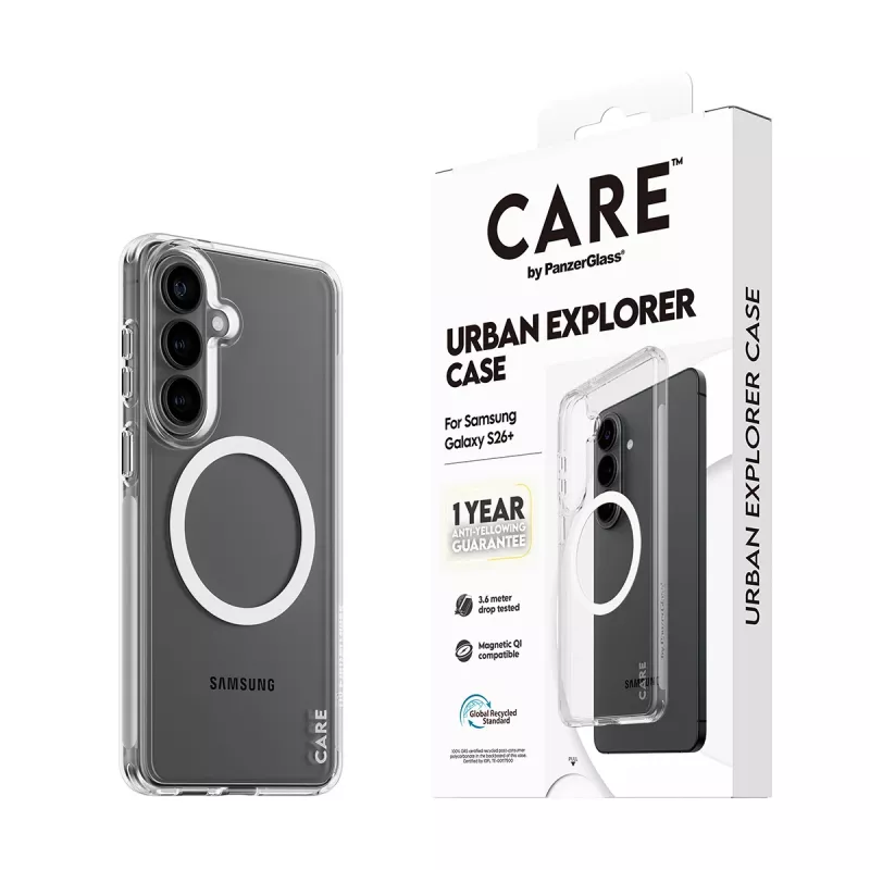 Aizsargapvalks PanzerGlass CARE Urban Explorer vāciņš Samsung Galaxy S26+ — caurspīdīgs, balts Qi saderīgs