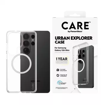 Tālruņa maciņš PanzerGlass CARE™ by Urban Explorer — Caurspīdīgs vāciņš ar balta Qi Samsung Galaxy S26 Ultra