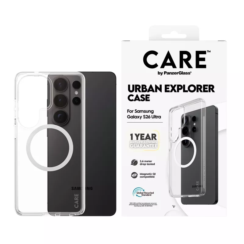 Tālruņa maciņš PanzerGlass CARE™ by Urban Explorer — Caurspīdīgs vāciņš ar balta Qi Samsung Galaxy S26 Ultra