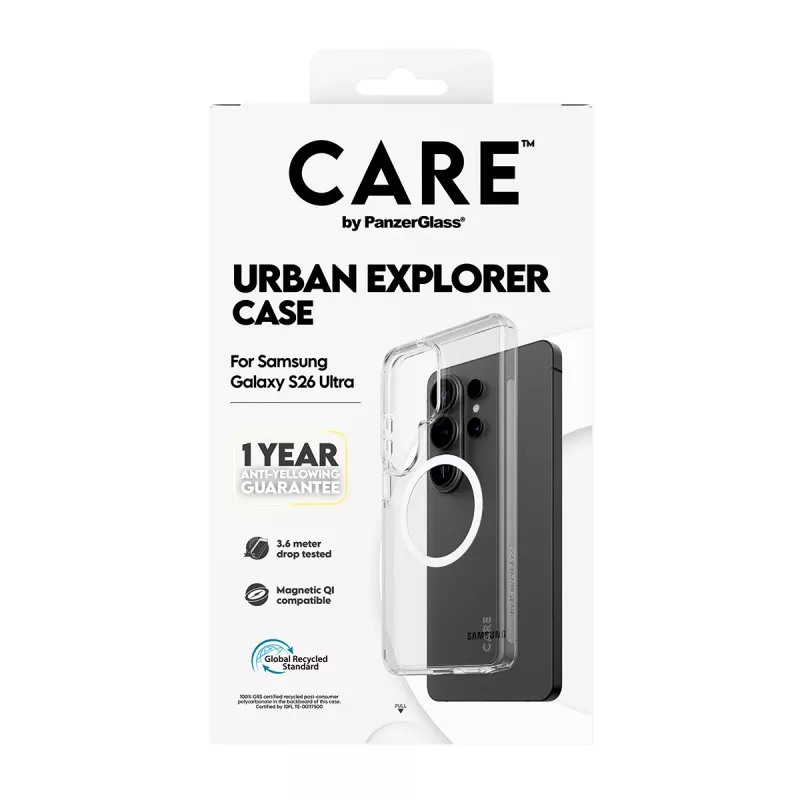 Tālruņa maciņš PanzerGlass CARE™ by Urban Explorer — Caurspīdīgs vāciņš ar balta Qi Samsung Galaxy S26 Ultra
