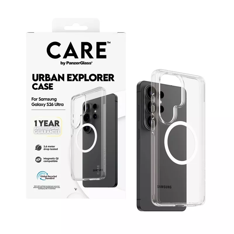 Tālruņa maciņš PanzerGlass CARE™ by Urban Explorer — Caurspīdīgs vāciņš ar balta Qi Samsung Galaxy S26 Ultra