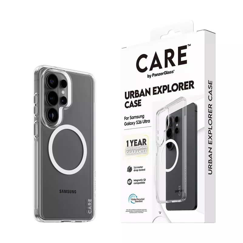 Tālruņa maciņš PanzerGlass CARE™ by Urban Explorer — Caurspīdīgs vāciņš ar balta Qi Samsung Galaxy S26 Ultra