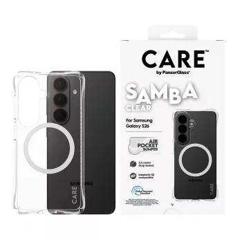Aizsargājošs tālruņa maciņš PanzerGlass CARE Samba Transparent ar balta Qi Samsung Galaxy S26