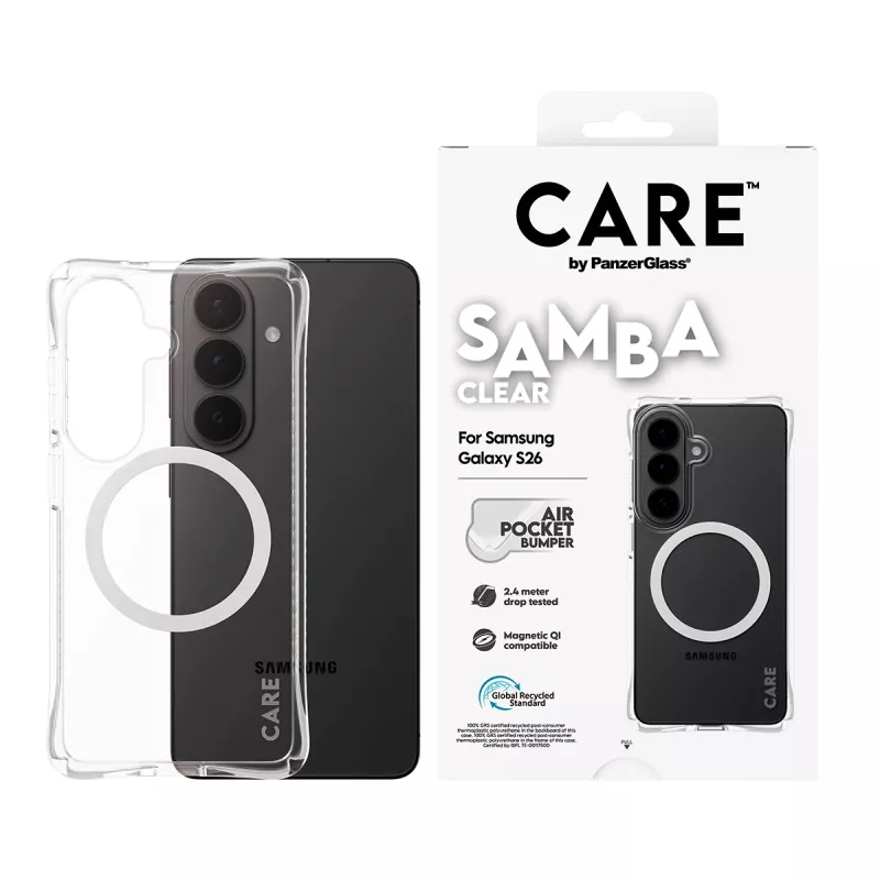 Aizsargājošs tālruņa maciņš PanzerGlass CARE Samba Transparent ar balta Qi Samsung Galaxy S26