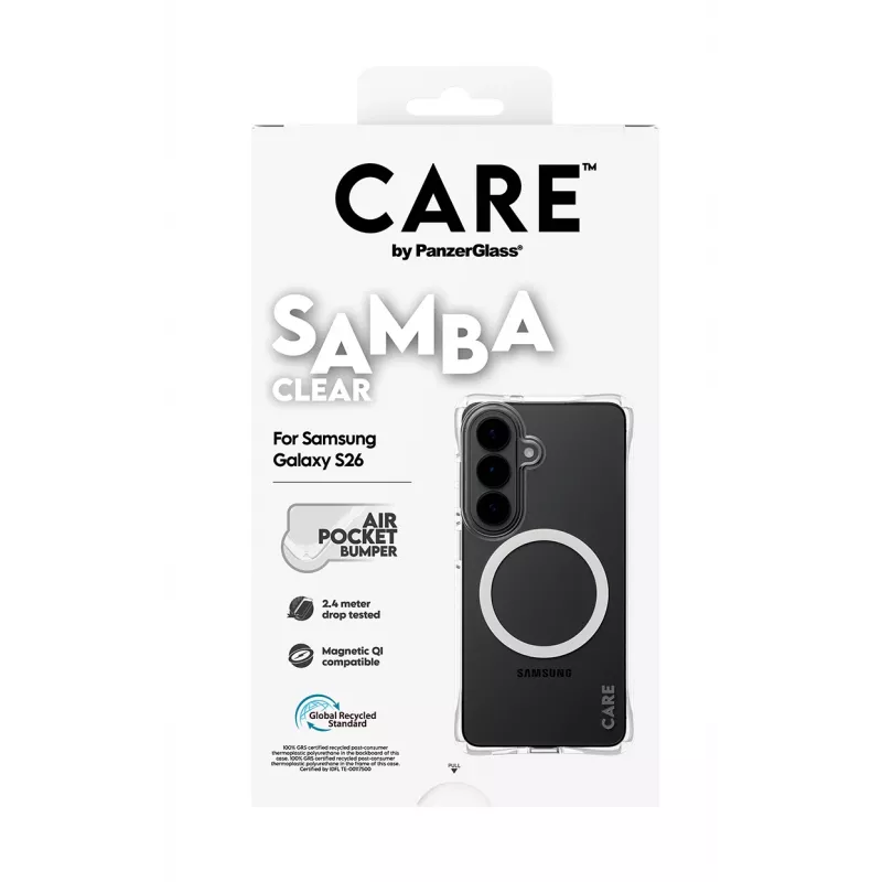 Aizsargājošs tālruņa maciņš PanzerGlass CARE Samba Transparent ar balta Qi Samsung Galaxy S26