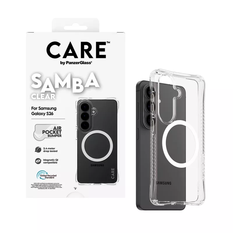 Aizsargājošs tālruņa maciņš PanzerGlass CARE Samba Transparent ar balta Qi Samsung Galaxy S26