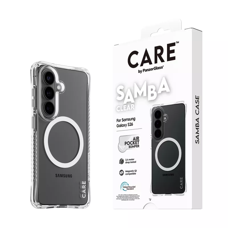 Aizsargājošs tālruņa maciņš PanzerGlass CARE Samba Transparent ar balta Qi Samsung Galaxy S26