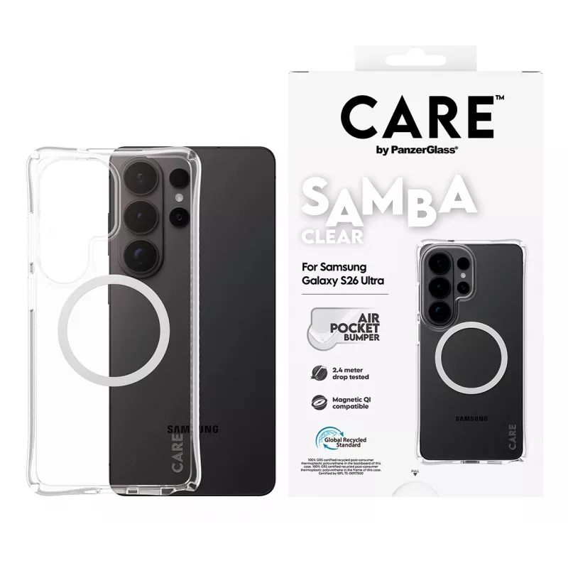 PanzerGlass CARE™ by ® Samba vāciņš Transparent w. balta Qi Samsung Galaxy S26 Ultra