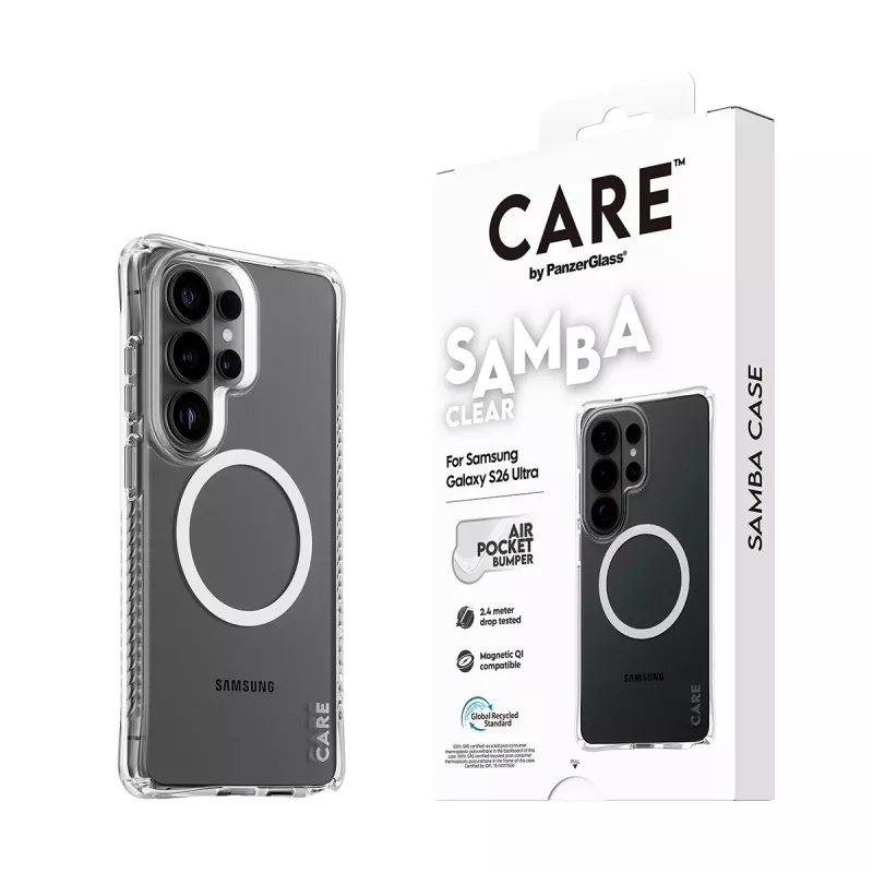 PanzerGlass CARE™ by ® Samba vāciņš Transparent w. balta Qi Samsung Galaxy S26 Ultra