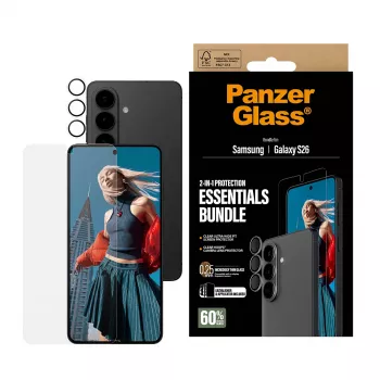 PanzerGlass ekrāna aizsarga komplekts Samsung Galaxy S26 — Hoops 2-in-1 Ultra-Wide Fit, rūdīta stikla + PET/silikona slāņi