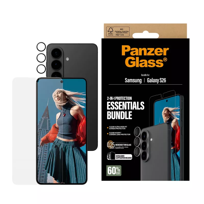 PanzerGlass ekrāna aizsarga komplekts Samsung Galaxy S26 — Hoops 2-in-1 Ultra-Wide Fit, rūdīta stikla + PET/silikona slāņi