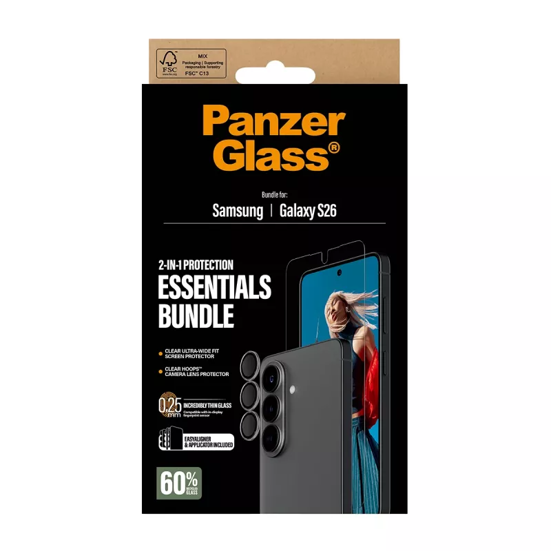 PanzerGlass ekrāna aizsarga komplekts Samsung Galaxy S26 — Hoops 2-in-1 Ultra-Wide Fit, rūdīta stikla + PET/silikona slāņi