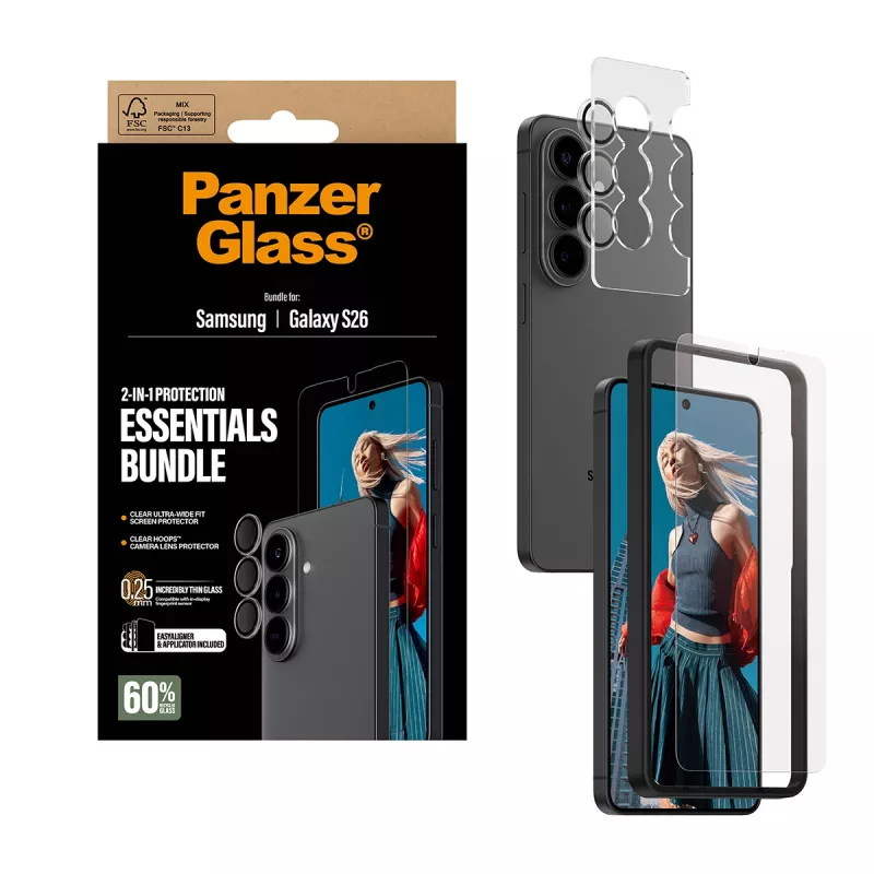 PanzerGlass ekrāna aizsarga komplekts Samsung Galaxy S26 — Hoops 2-in-1 Ultra-Wide Fit, rūdīta stikla + PET/silikona slāņi